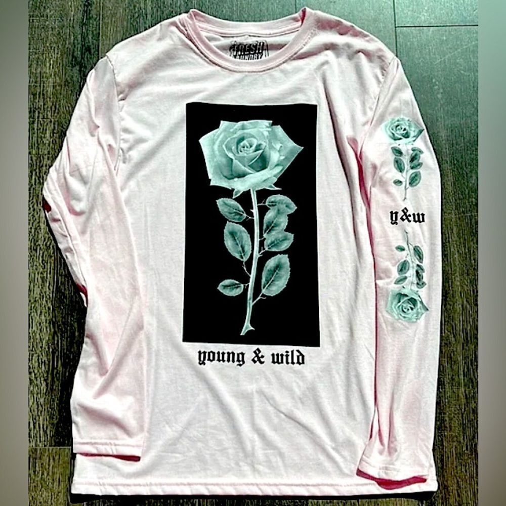 Fresh Laundry long sleeve pink young and wild rose tee size Large